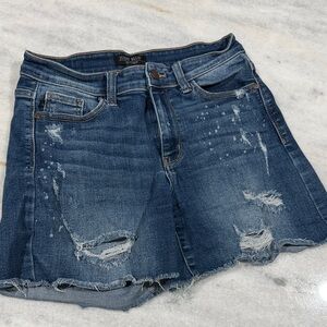 Judy Blue Washed Distressed High-Rise Denim Shorts - Dark Blue